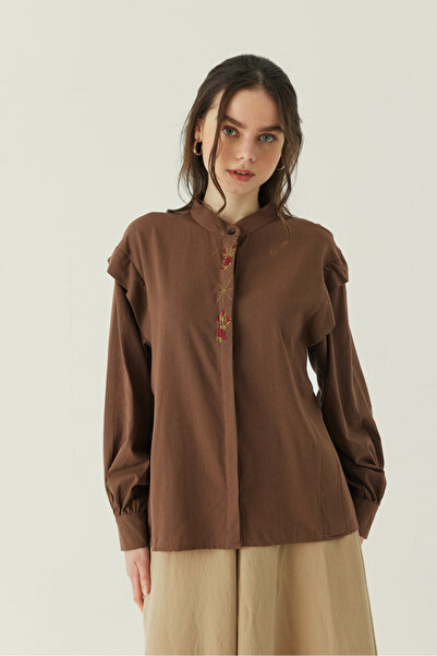 ZÜLAYS Çiçek Nakışlı Keten Gömlek Kahverengi