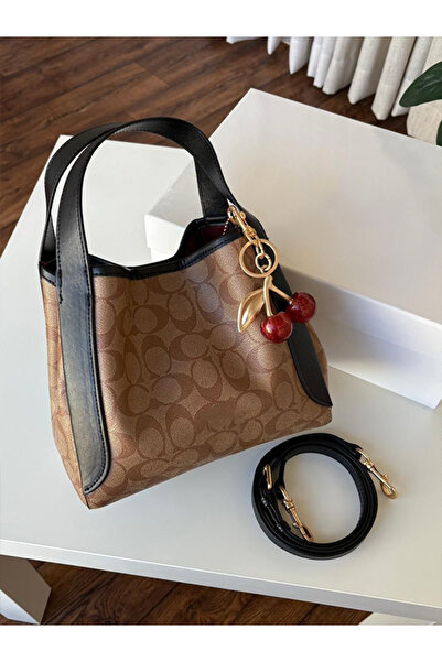 GENERAL Large brown women's Clutch Bag with leather shoulder strap and cherry...