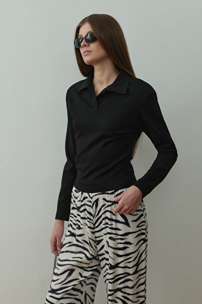 Suud Collection Black Nog Polo Collar Long Sleeve T-Shirt