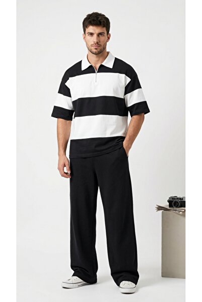NİCE Muška crna Prugasto Oversize kroj polo majica sa patentnim zatvaračem i ...