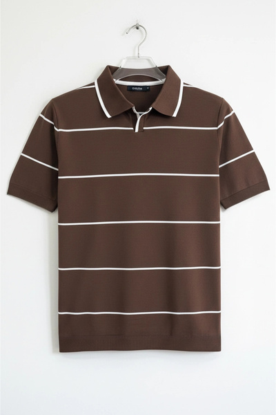 Edwox Tricou tricotat cu guler deschis pentru bărbați cu dungi Maro Cd151