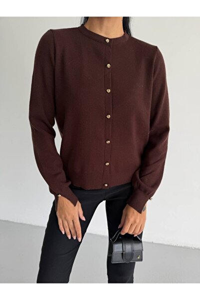 ozelia Gold Button Detailed Round Neck Knitwear Cardigan