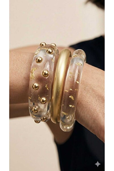 Zeraf Takı Zeraf Gold Şeffaf Kemik Desenli 3'lü Kadın Bileklik Bilezik