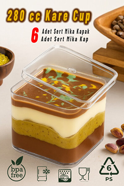 moontime alaçatı 6'lı Kare Tiramisu Cup 280 cc, Şeffaf Plastik Sunum Kabı, Ta...