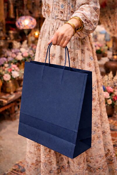 BİLGİ K K كيس ورقي من الكرافت حقيبة باللون الأزرق الداكن مع خيط، عبوة من 5 قط...