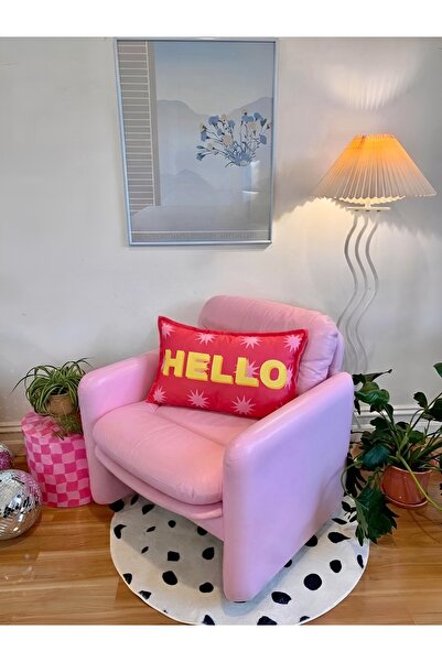 RahanDesign Hello Yazılı Çift Taraflı Süet Dekoratif Fuşya Kırlent Kılıfı - 3...
