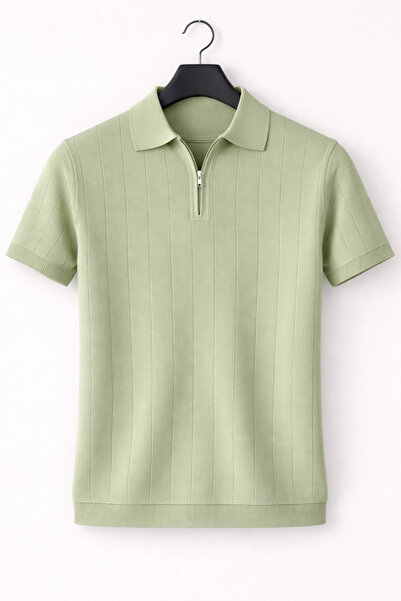 Edwox Ανδρικό πλεκτό μπλουζάκι Polo Neck Ριγέ Ανοιχτό πράσινο Cd171