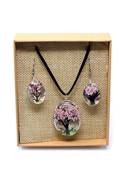 AW Gifts Set colier si cercei din flori naturale presate - Copacul Vietii - Roz