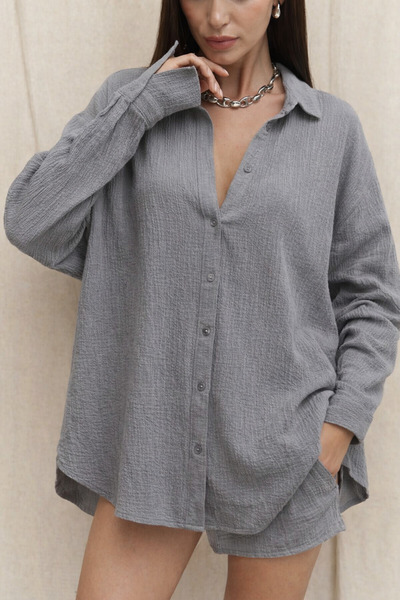 COMBİNE MİCHAİL Women's Basic Long Sleeve Loose Gray Shirt
