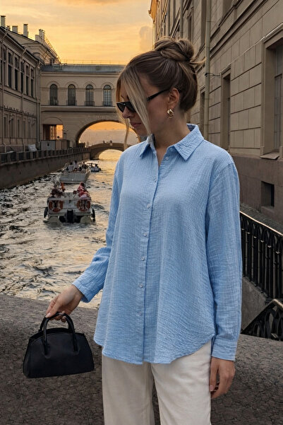 COMBİNE MİCHAİL Women's Linen Look Oversized Blue Shirt