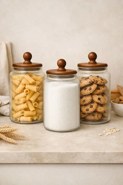 welcomein 3’lü Akasya Kapaklı 1700 ml Çizgili Cam Kavanoz Seti Kuru Gıda Sakl...