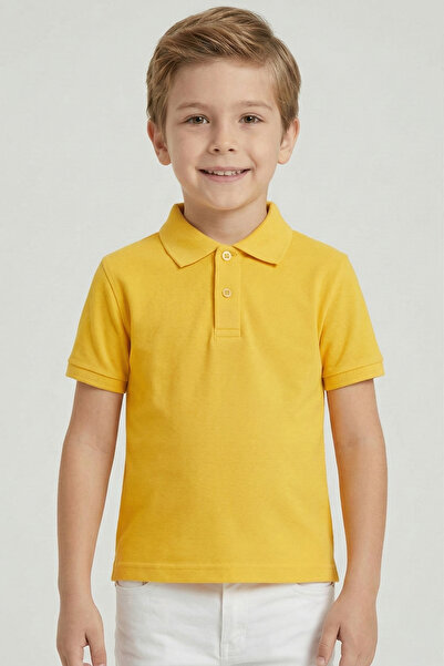 nacar çarşı Unısex Çocuk Polo Yaka Kısa Kol Parlak Sarı Okul Tişört