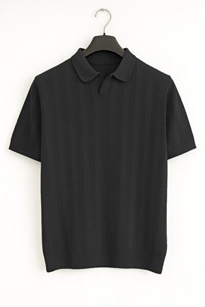 Edwox Ανδρικό πλεκτό μπλουζάκι με ανοιχτό γιακά μαύρο Cd103