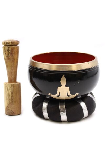 AW Gifts Tibetan Singing Bowl Set, Buddha Motif - Black/Orange 10.7 cm