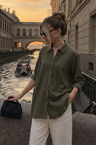 COMBİNE MİCHAİL Women's Linen Look Oversized Khaki Shirt