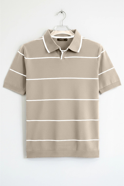 Edwox Ανδρικό πλεκτό μπλουζάκι με ανοιχτό γιακά Ριγέ Mink Cd151