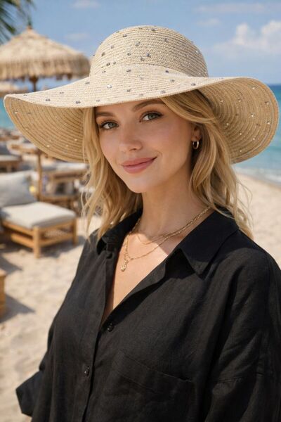 BALIENTE Bež Sa kamenim vezom široki okrugli slamnati ženski šešir