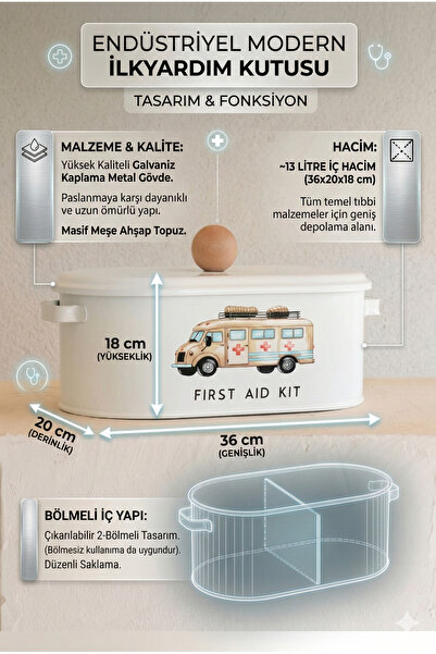 The Mia Galvaniz Kaplamalı Metal Bölmeli İlkyardım Kutusu 36x20x18 cm