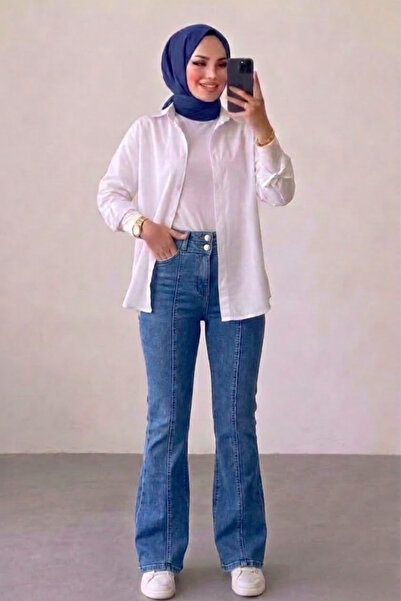 Tesettür Diyarı Γυναικείο ισπανικό τζιν παντελόνι με ραφές μπροστά - Μπλε