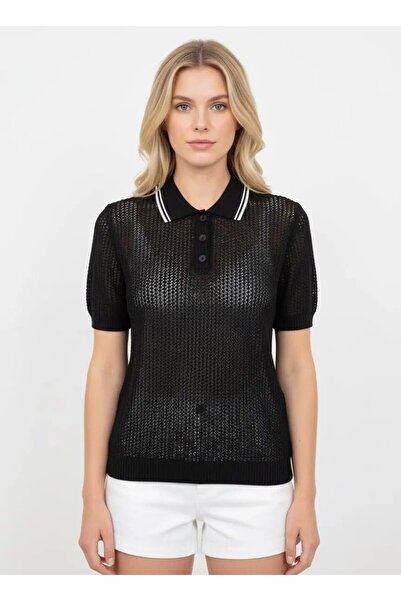 Park Karon Women's Polo Collar Knitted Detail Buttoned Knitwear Sweater 12468