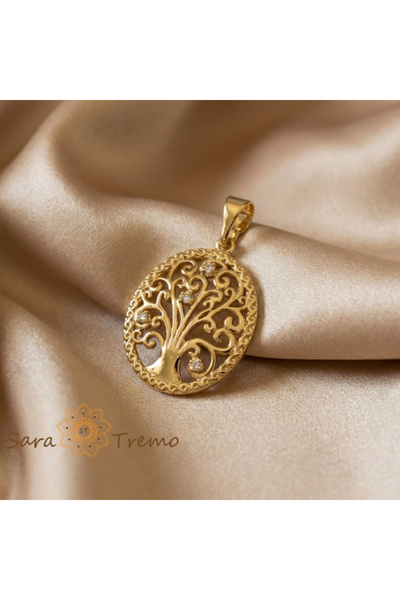 SaraTremo Pandantiv clasic Copacul Vieții – Pandantiv placat cu aur de 14K cu...