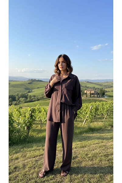 Nuss 1063 Basic Pants Suit with Single Pocket Detail - Brown