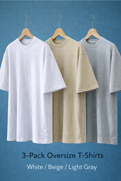 COMBİNE MİCHAİL Men's Basic Short Sleeve Oversized 3-Piece T-Shirt