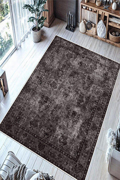 Pelura Halı Vintage Eskitme Desenli Baskılı Yıkanabilir Kaymaz Şönil Antrasit...