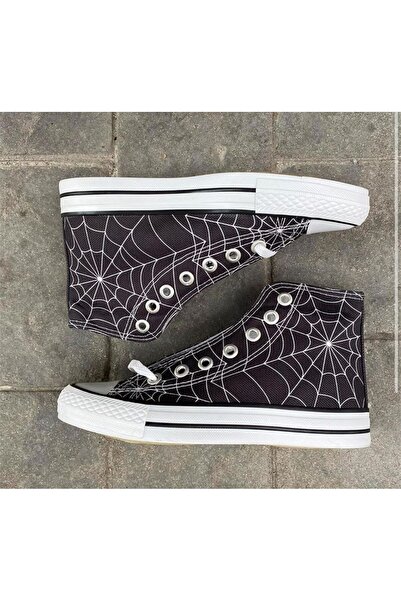 Kirpi Hilmi Unisex Siyah Örümcek Agı Baskılı Model Rahat Keten Bilekli Sneake...