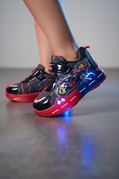 pediashoes Boys' Moto Printed Light-Up Strap Lightweight and E Stretchy Daily...