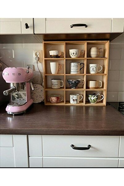 Nowella Home Ahşap Kupa Rafı - Ahşap 12li Raf - Mutfak Rafı - Ladin ahşap