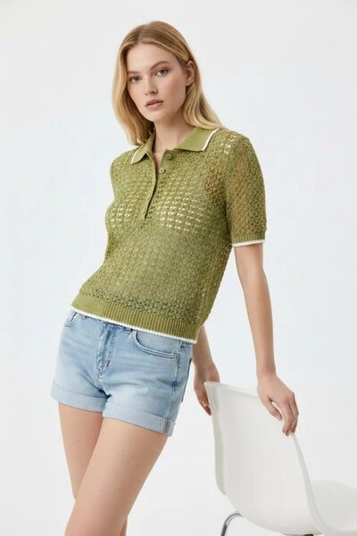 Park Karon Women's Polo Collar Knitted Detail Buttoned Knitwear Sweater 8717Sw