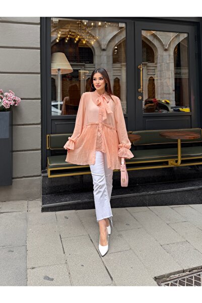 ikomteks Tie Collar Pleated Detailed Chiffon Dress