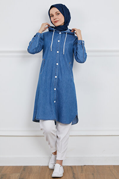 zenne Hooded Snap Button Trench Coat Blue