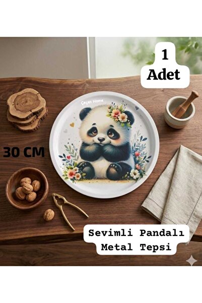 ÇEÇEN HOME (1 Piece) Cute Panda Patterned Metal Tray, Tea-Coffee Tray, Round ...