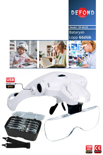 DEFOND 5 Lensli 2 Led Işıklı Ayarlanabilir Loop Gözlük Tipi Büyüteç - Batarya...