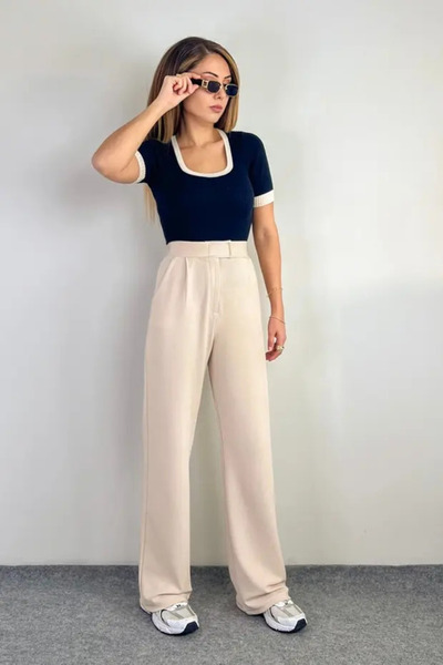 LİFERA Stretch Fabric Velcro Closure High Waist Palazzo Pants , Wide-Leg