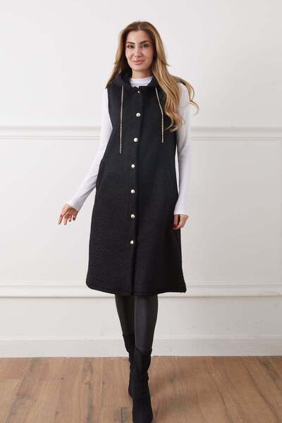 zenne Chain Detail Hooded long boucle Vest black