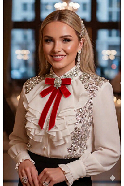 pegu baby collection KIRMIZI Kadife Taşlı Pegu Luks Yaka Iğne, Broş Kurdele B...