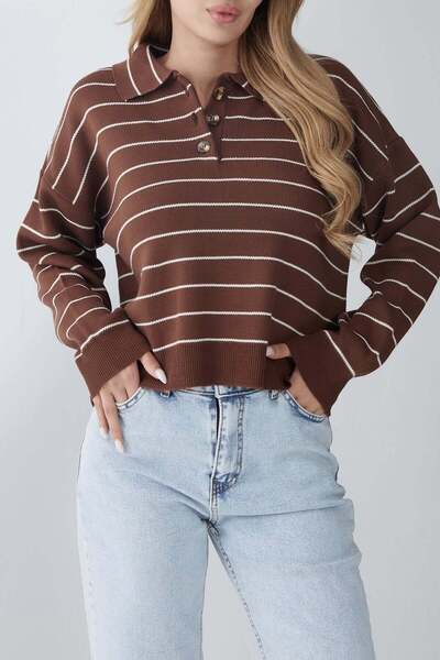 zenne Striped polo collar buttoned knit sweater coffee