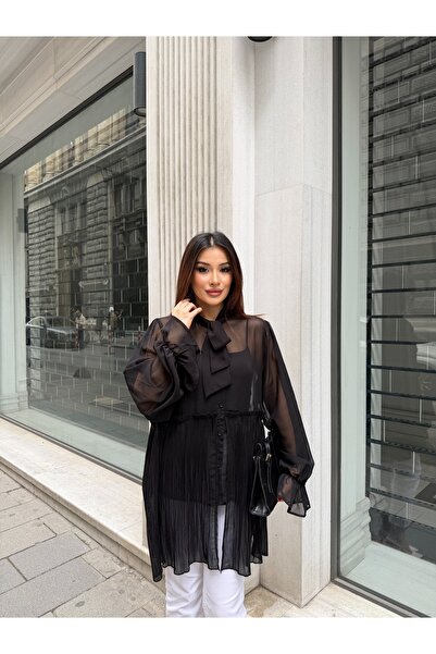 ikomteks Tie Collar Pleated Detailed Chiffon Dress