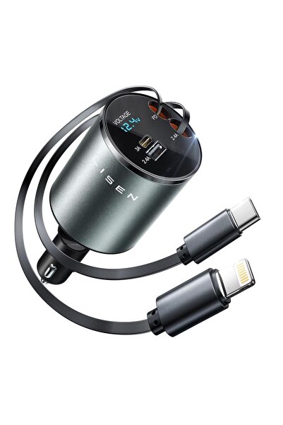 LISEN 69W Araç Şarj Cihazı, Geri Çekilebilir 4ü1 Arada USB-C ve Lightning Kab...