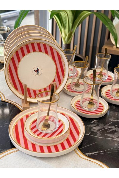 moontime alaçatı 18 Parça Renkli Kuş Bahçe Pasta ve Çay Takımı Seti