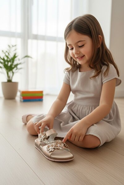 enoch فستان أنيق للفتيات مع تصميم زهرة ثلاثية وتفاصيل شريطية محبوكة صندل