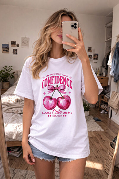 AYDESİGN Cherry Girl Pinterest cu imprimeu guler rotund Tricou alb pentru fem...