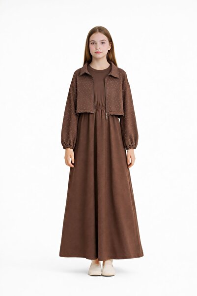 Cansın Mini Brown Zippered Stoned Cropped Jacket Zero Sleeve Girl's Dress 23753