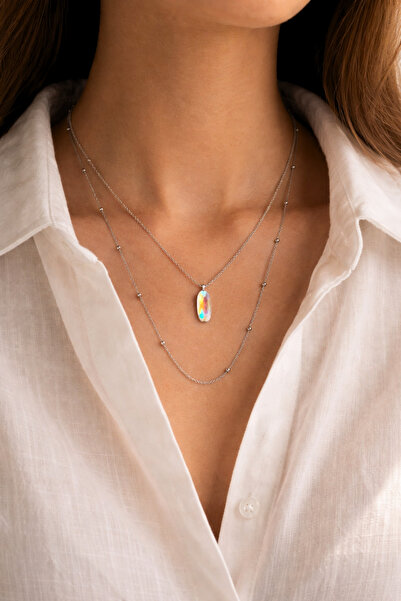 glowoow Opal Taşlı Çelik Katmanlı Kolye – Minimal Zarif Kadın Kolyesi