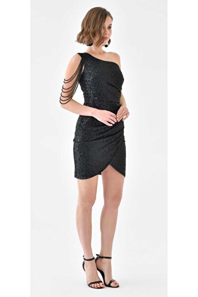 Hanife Glam Couture Hanife Glam tek omuzlu taş detaylı mini payet elbise