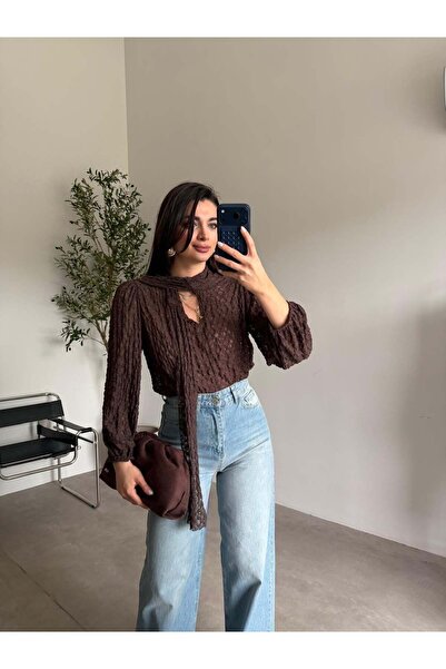 Bade Butik Καφέ Μπλούζα Με δέσιμο Δαντέλα