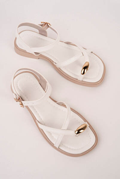 ROSETTE Women's White Buckle Detail Flip Flops Comfortable Sandals